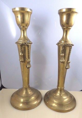Vintage Pair Brass Candle Holders Rope Tie Tassel Candlestick Taper Mid Century