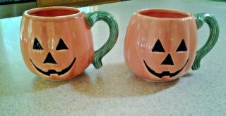Vintage Set Of 2 Pumpkin Shaped Coffee Mugs Cups 12 Oz.  Ceramic Jack O Lantern