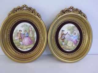 Set Of (2) Limoges Fragonard Framed Porcelain Courting Couple Cameos