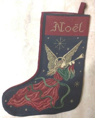Marooon Blue Tapestry Christmas Stocking - Angel Trumpet - Noel - Sparkling
