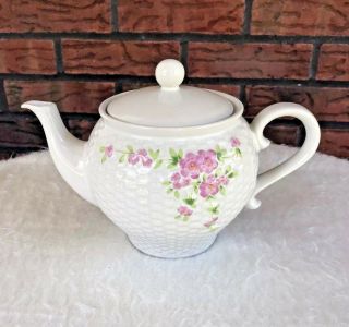 Vintage 1985 Teleflora Gift Tea Pot Basket Weave Texture Pink Flowers Teapot Vtg