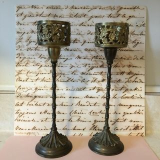 Pair Vintage Brass Candle Holders Votive Taper Boho Shabby Chic Decor Flower