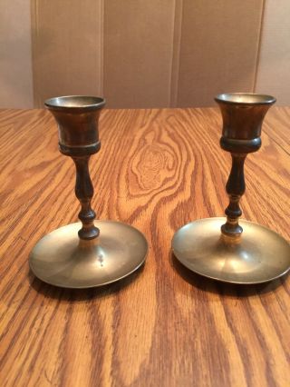 Pair Brass Candlesticks 4.  5 " Tall 3.  5 " Wide India Set Of 2 Vintage Pedestal Base
