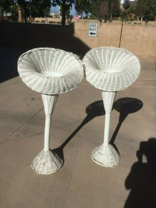 Pair (2) White Wicker Trumpet Planters Plant Stands 45” Tall - Wedding