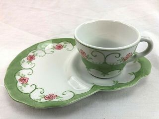 Andrea By Sadek Tea Cup And Biscuit Cookie Tray Plate Pink Floral And Sage Green