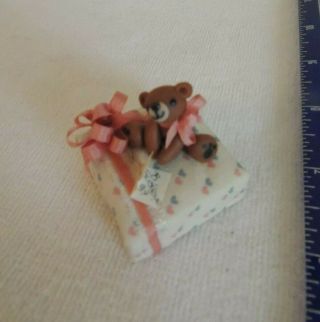 Miniature Polymer Clay Bear On A Gift Box 1.  5 "