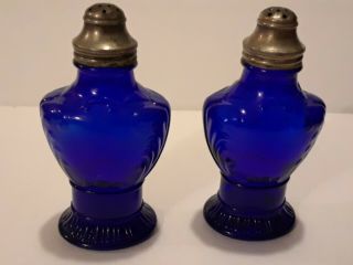 Vintage Cobalt Blue Large Glass Salt And Pepper Shakers.  5 1/4 "