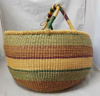 Vintage Hand Woven Basket: W Handle,  Multi - Color 18 " X 15 " Oval