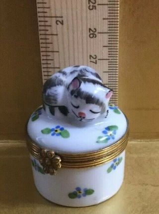 Limoges Chamart France Kitty Cat Sleeping on a Round Trinket Box Peint Main 2