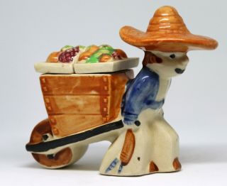 Vintage Man with Sombrero and Fruit Cart Salt and Pepper Shakers.  Japan 4