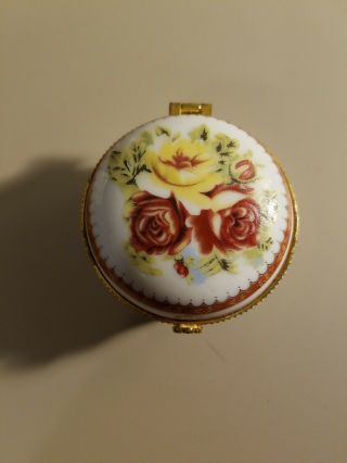 Tiny Small Porcelain Trinket Ring Box/pill Floral Hand Painted With Gold Clasp