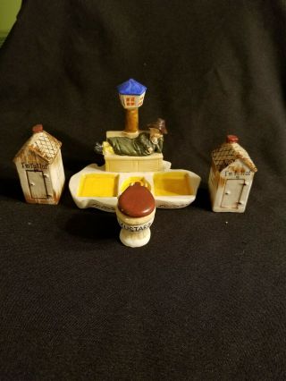 VINTAGE OUTHOUSE,  TOILET,  MAN ON BENCH SALT AND PEPPER SHAKERS JAPAN 2