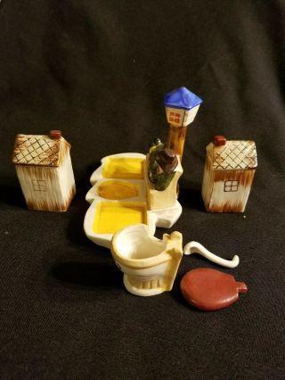 VINTAGE OUTHOUSE,  TOILET,  MAN ON BENCH SALT AND PEPPER SHAKERS JAPAN 3