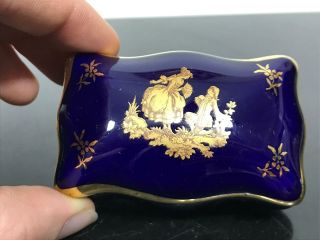 Vtg Limoges France Cobalt Blue & Gold Porcelain Trinket Pill Box