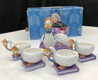 Dept 56 Mother Goose Tea Set W/ Box Storybook Village Teapot & 4 Tea Cups