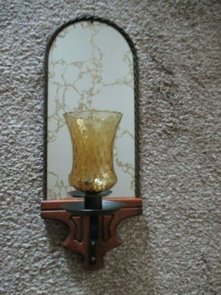Vintage Home Interiors Metal & Wood Mirror Wall Sconce W Gold Votive Cup