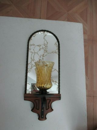 Vintage Home Interiors Metal & Wood Mirror Wall Sconce w gold votive cup 3