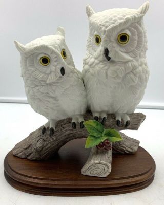 Owl By Andrea By Sadek Hand Painted Figurine 2 White Owls On Branch W/wood Base