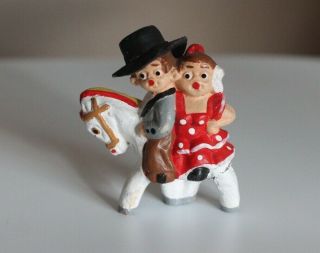 Vintage Spanish Mud Doll Terracota Miniature Figurines Set Of Couple On Horse 2 "