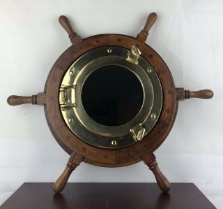 Mirror In Ship Wheel 18” Diameter Brass And Shisham Hardwood