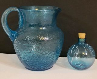 Vintage Light Sapphire Blue Glass Water Beverage Pitcher And Painted Bulb