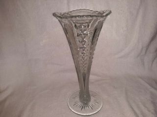 Vintage Clear Cut Glass Trumpet Vase With Scalloped Edges,  10 " T By 4 " W At Base