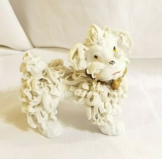 Vintage Retro Poodle White Gold Porcelain Spaghetti Dog Figure