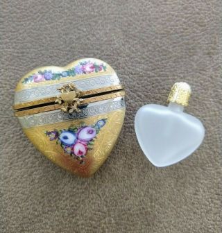 Peint Main Limoges Trinket Heart - Shaped Box W/perfume Bottle,  107/2000 & Cert.