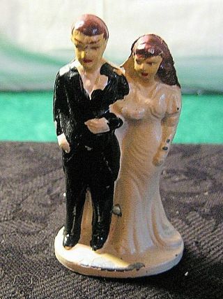 Vintage 40s 50s Cast Metal Bride & Groom Wedding Cake Topper Figurines