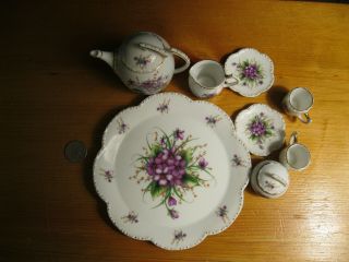 Miniature Porcelain Tea Set White with Purple Flowers and Goldtone trim 3