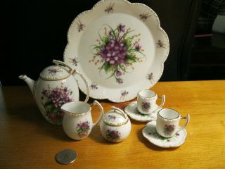 Miniature Porcelain Tea Set White with Purple Flowers and Goldtone trim 4