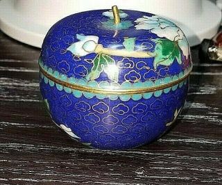 Mid Century Blue Enamel Vintage Asian Cloisonne Round Gift Box