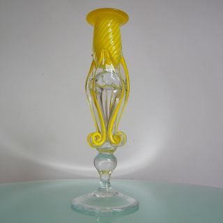 Vintage Murano Italian Art Glass Candle Holder Candlestick Yellow & Clear Glass