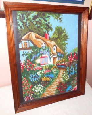 Gorgeous Vintage Framed Needlepoint Picture English Cottage Colorful Flowers