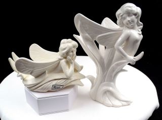 Fitz & Floyd Fairies White Porcelain Garden Fairy 2 Pc 7 " Candle Holders 1991 - 95