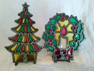 2 Vintage Tiffany Style Stained Glass Christmas Wreath & Tree Candle Holder