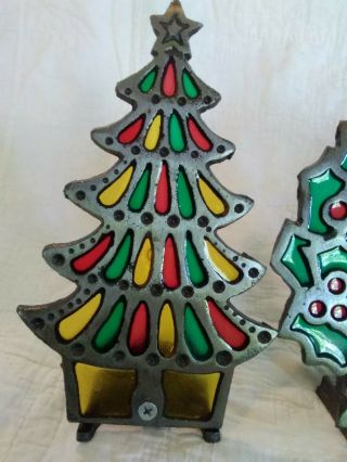 2 Vintage Tiffany Style Stained Glass Christmas Wreath & Tree Candle Holder 2