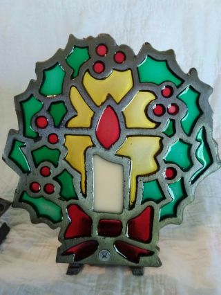 2 Vintage Tiffany Style Stained Glass Christmas Wreath & Tree Candle Holder 3