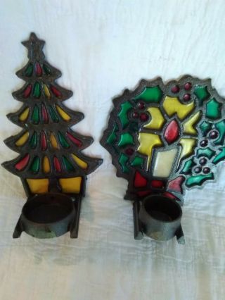 2 Vintage Tiffany Style Stained Glass Christmas Wreath & Tree Candle Holder 5