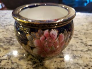 Vintage Lemax Ceramic Dark Blue Vase W/hand Painted Gold Floral Design