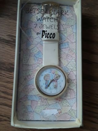 1972 Betsey Clark Watch 7 Jewels Leather Cuff Wrist Hallmark Pendant Band Picco