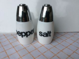 Vintage Gemco Milk Glass White Black Lettering Salt& Pepper Shaker