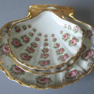 Vintage 3Pc LIMOGES Porcelain SHELL Shaped Dishes PINK ROSES SOAP Trinket RING 2