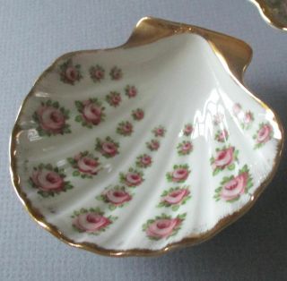 Vintage 3Pc LIMOGES Porcelain SHELL Shaped Dishes PINK ROSES SOAP Trinket RING 3