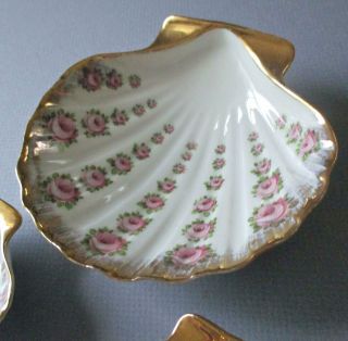 Vintage 3Pc LIMOGES Porcelain SHELL Shaped Dishes PINK ROSES SOAP Trinket RING 4