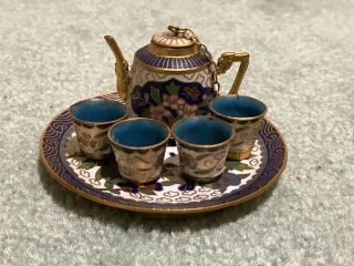 Miniature Tea Set Chinese Cloisonne Blue Gold Green Flower Enamel 6 Pc Doll Set