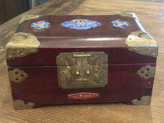 Vintage Chinese Asian Wooden Jewelry Box With Enamel Carved Plaques
