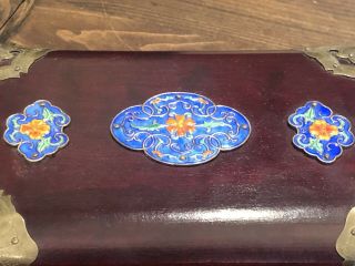 Vintage Chinese Asian Wooden Jewelry Box with Enamel Carved Plaques 4