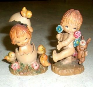 2 Vtg Anri Italy Ferrandiz Easter Carved Wood Figurines Girl W/egg & 1 W/rabbit