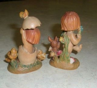 2 Vtg ANRI Italy Ferrandiz Easter Carved Wood Figurines Girl w/Egg & 1 w/rabbit 2